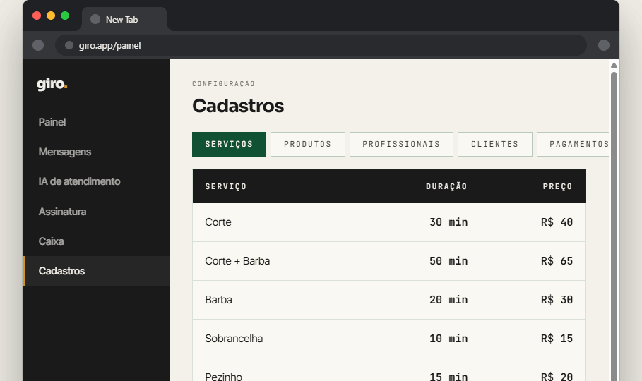 Cadastros e configurações