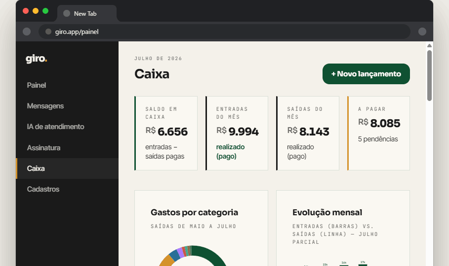 Caixa do Giro — saldo, entradas e saídas